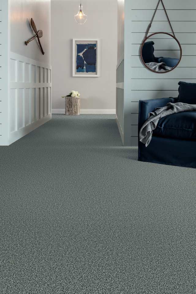 gray plush carpet in hallway of coastal blue home